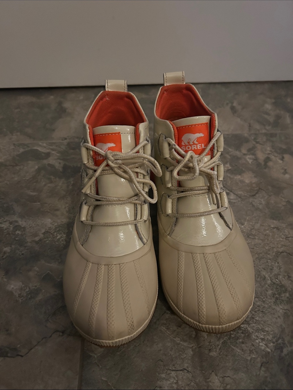 Sorel Brown and White Rugged-Sole Boots with Orange Accent